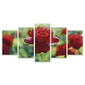 Kit Quadros Mosaico Verde Foco Flor Floral Vermelho Rosa