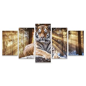 Kit Quadros Mosaico Raios Épico Tigre Bengala Pedra Sol