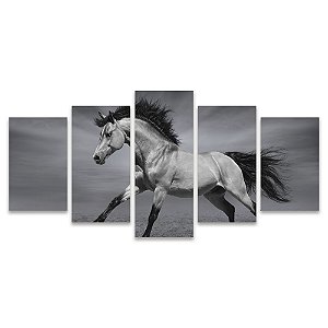 Kit Quadros Mosaico Branco Alazão Sala Preto Cavalo Cinza