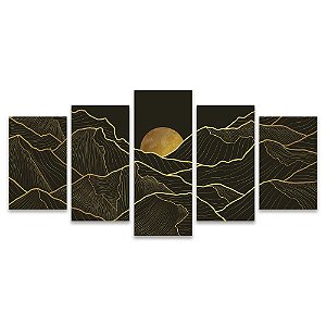 Kit Quadros Mosaico Linhas Dourado Digital Montanhas Arte