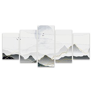 Kit Quadros Mosaico Abstrata Linha Cinza Azul Ouro Paisagem