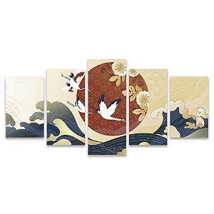 Kit Quadros Mosaico Abstrato Azul Pássaros Japônes Ondas
