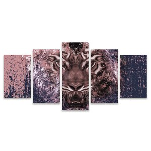 Kit Quadros Mosaico Engrenagens Tigre Rosa Roxo Abstrato