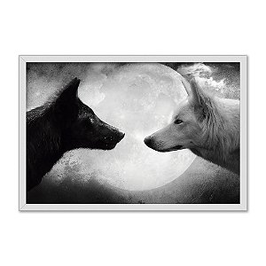 Quadro Decorativo Lobo Preto Encarando O Lobo Branco Sob o Luar