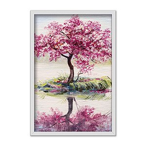 Quadro Decorativo Efeito Pintura Árvore Ipê Rosa A Beira Do Lago