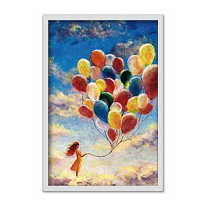 Quadro Decorativo Menina Segurando Balões Coloridos Nas Núvens