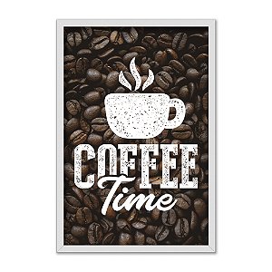 Quadro Decorativo Frase Hora Do Café Xícara Branca Fundo Grãos De Café
