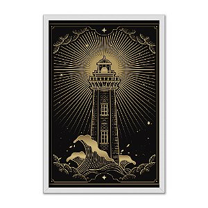 Quadro Decorativo Farol Fundo Preto Listras Douradas