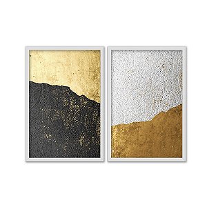 Kit Dois Quadros Decorativos Abstrato Textura Parede Dourado Branco E Preto