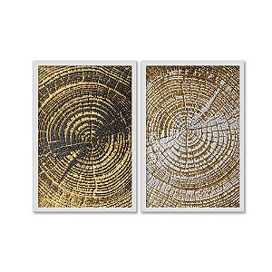 Kit Dois Quadros Decorativos Marcas De Idade Tronco Dourado Preto E Branco
