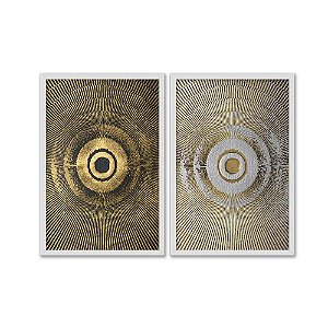 Kit Dois Quadros Decorativos Abstrato Circulos E Ranhaduras Dourados