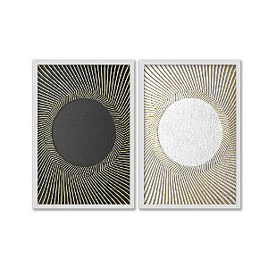 Kit Dois Quadros Decorativos Abstrato Circulo Preto E Branco Listras Douradas