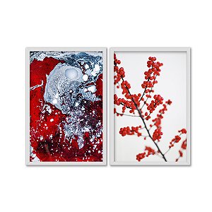 Kit Dois Quadros Decorativos Padrões Efeito Tinta A Óleo E Frutinhas Vermelhas