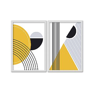 Kit Dois Quadros Decorativos Formas Geométricas E Listras Amarelo Cinza E Preto