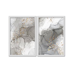 Kit Dois Quadros Decorativos Manchas de Aquarelas Cinzas Com Detalhes Dourados