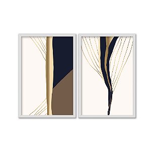 Kit Dois Quadros Decorativos Abstrato Linhas Dourado Marrom E Bege