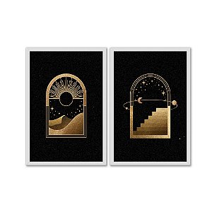 Kit Dois Quadros Decorativos Abstrato Janelas Deserto Escada Dourada e Preto