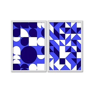 Kit Dois Quadros Decorativos Formas Geométricas Azuis Brancas