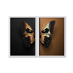 Kit Dois Quadros Decorativos Borboleta Caveira Preto E Dourado