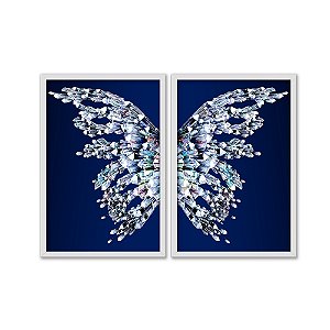 Kit Dois Quadros Decorativos Borboleta de Cristal Azul Fundo Preto Degradê Azul