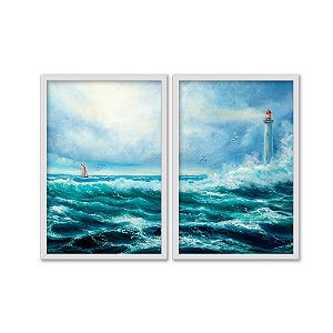 Kit Dois Quadros Decorativos Efeito Pintura Mar Agitado Farol