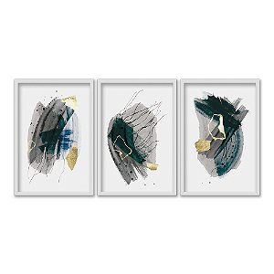 Kit 3 Quadros Decorativos Abstrato Pinceladas De Tint Tons De Cinza E Dourado