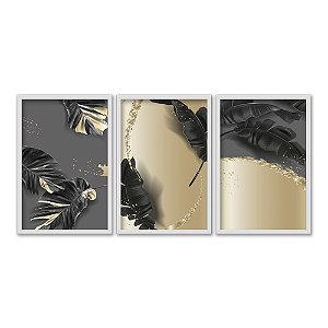 Kit 3 Quadros Decorativos Abstrato Folhas Pretas E Branca Detalhes Dourados