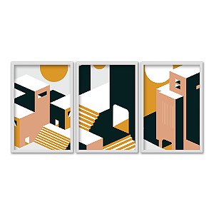 Kit 3 Quadros Decorativos Cidade Abstrata Isométrica Tons de Laranja
