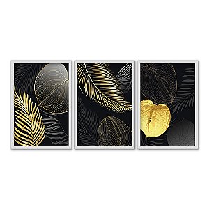 Kit 3 Quadros Decorativos Folhas Douradas Fundo Preto Moderno