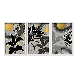 Kit 3 Quadros Decorativos Plantas Sol Amarelo Ao Fundo Detalhes Dourados Morderno