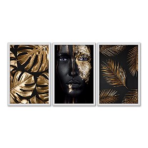 Kit 3 Quadros Decorativos Mulher Negra Com Rosto Dourado Folhas Douradas Abstrato