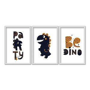 Kit 3 Quadros Decorativos Dinossauro Cartoon Sorrindo Infantil Frase Seja Dinossauro