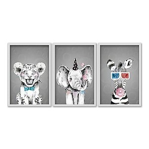 Kit 3 Quadros Decorativos Bebês Animais Preto E Branco Detalhes Coloridos Infantil