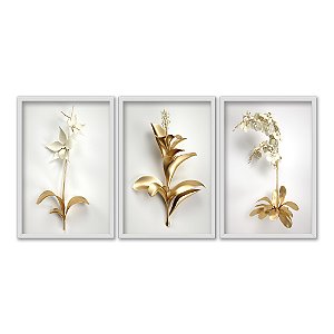 Kit 3 Quadros Decorativos Flores Douradas Fundo Branco Moderno