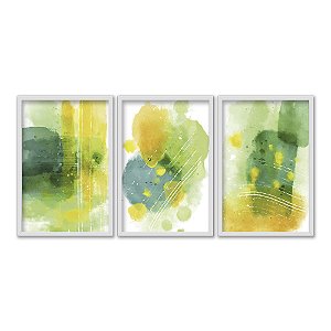 Kit 3 Quadros Decorativos Efeito Abstrato Manchas De Tina Amarelas E Verdes Sobre Um Fundo Branco Abstrato