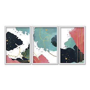 Kit 3 Quadros Decorativos Manchas de Tintas Abstratas Coloridas Detalhes Dourados