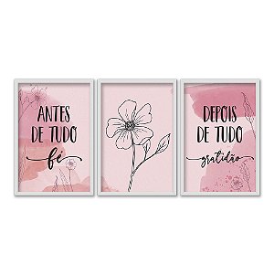 Kit 3 Quadros Decorativos Desenho De Uma Flor Fundo Rosa Com Frase