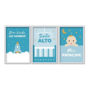 Kit 3 Quadros Decorativos Frases Para Bebê Azul Infantil Desenhos