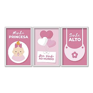 Kit 3 Quadros Decorativos Frases Para Bebê Rosa Balões Avental Infatil