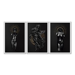 Kit 3 Quadros Decorativos Corpo Femino Negro Círculo Dourados