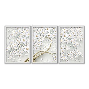 Kit 3 Quadros Decorativos Árvore Com Flores Brancas Com Pérolas Douradas
