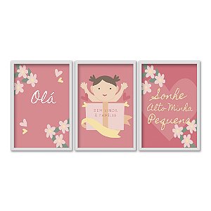 Kit 3 Quadros Decorativos Floral Menina Frases Para Bebê Fundo Rosa