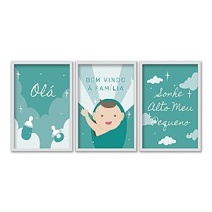 Kit 3 Quadros Decorativos Nuvens Céu Menino Frases Para Bebê Fundo Turquesa