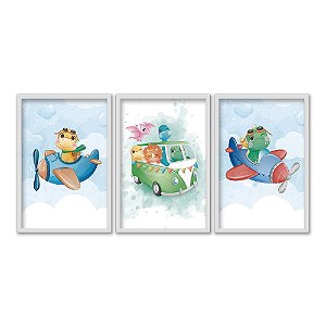 Kit 3 Quadros Decorativos Desenho Infantil Animais em veiculos Fundo Céu Azul