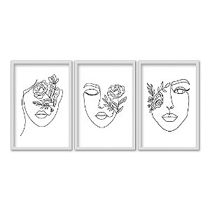 Kit 3 Quadros Decorativos Desenho Do Rosto De Uma Mulher Rosas Preto E Branco