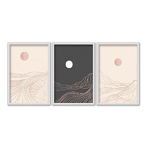Kit 3 Quadros Decorativos Desenho Do Horizonte Bege e Preto Linhas Rosê