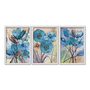 Kit 3 Quadros Decorativos Efeito Pintura Aquarela Flores Azuis Fundo Amarelo Desfocado