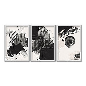 Kit 3 Quadros Decorativos Manchas Rabiscos Piceladas De Tinta Preta Abstrato