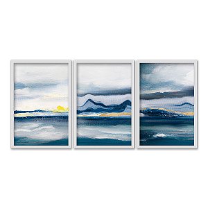 Kit 3 Quadros Decorativos Efeito Pintura Oceano Azul E Branco Abstrato
