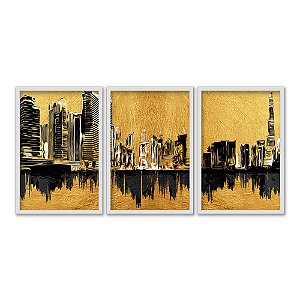 Kit 3 Quadros Decorativos Pintura Do Horizonte De Uma Cidade Abstrata Céu E Mar Dourados